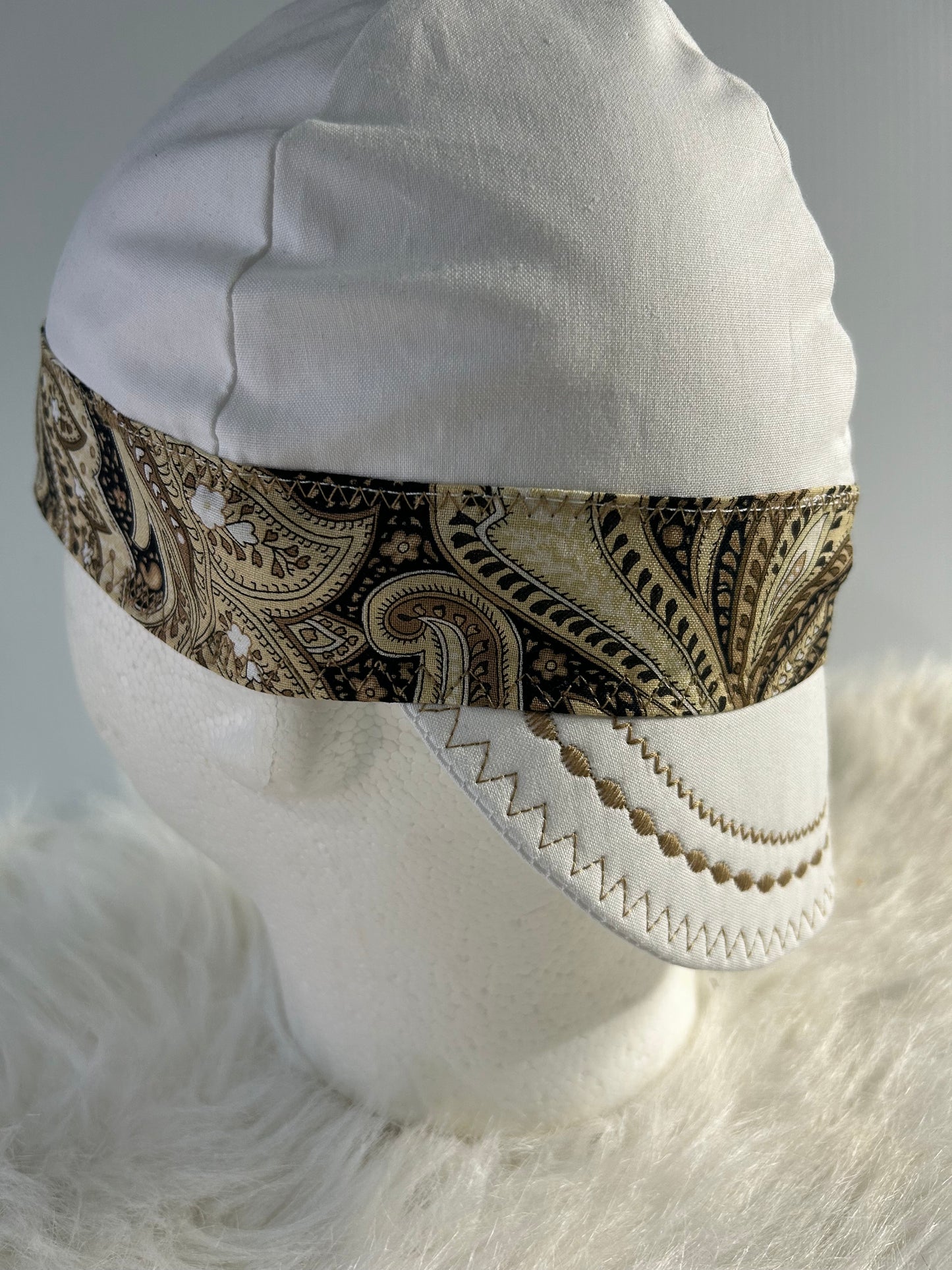 Welding Cap/White w/Beige paisley band/Welder,Boilermaker/Womenwelder